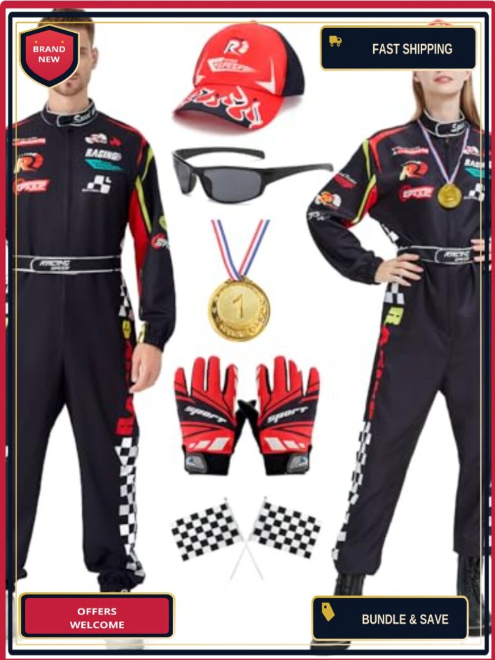 Unisex Race Car Driver Costume Jumpsuit with Hat Gloves Flags Medal Adult